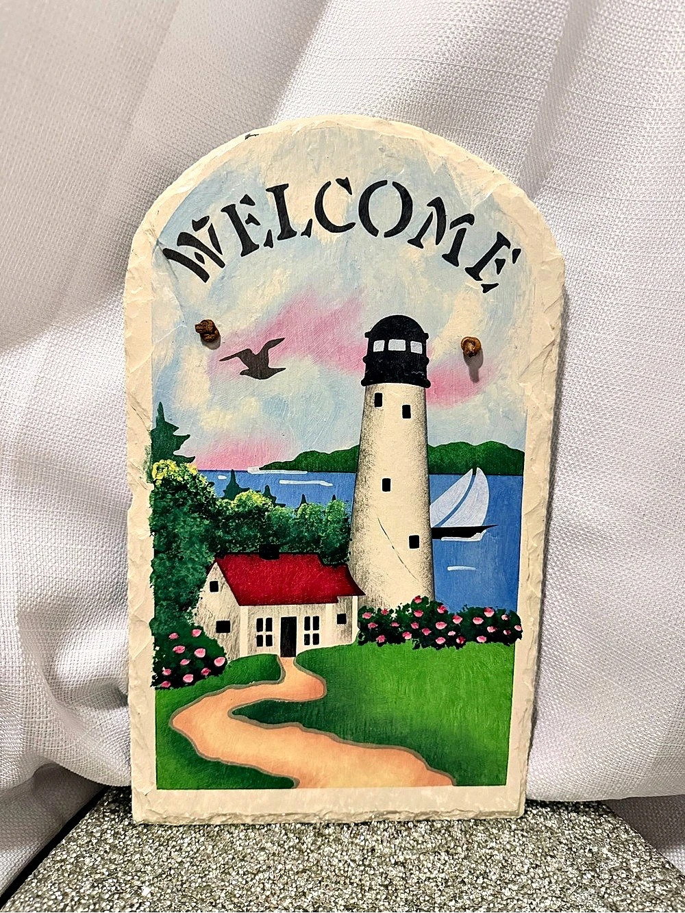 Lighthouse Welcome Painted Wall Plaque Green & Blue